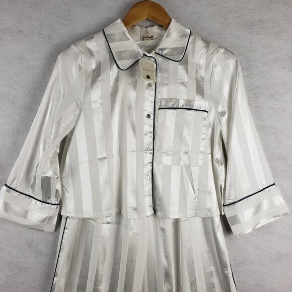 Free People XS Wide Leg Satin Pajama Set Ivory White Stripe Minimalist Basic NWT - Picture 2 of 10